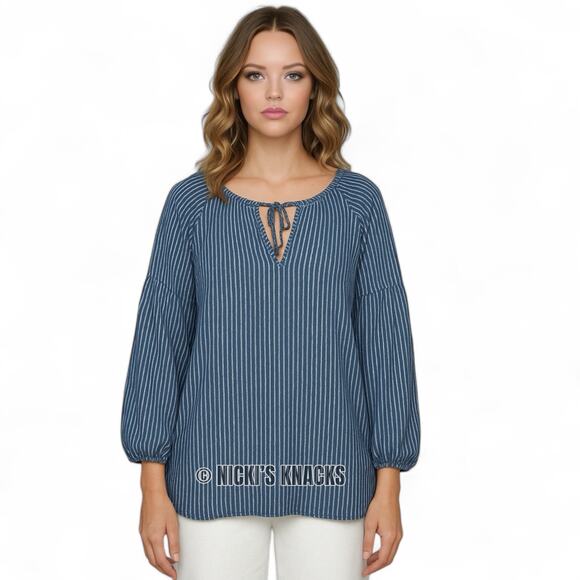 Universal Thread 100% Cotton Striped Balloon Sleeve Peasant Top Blue Size L - Picture 1 of 8